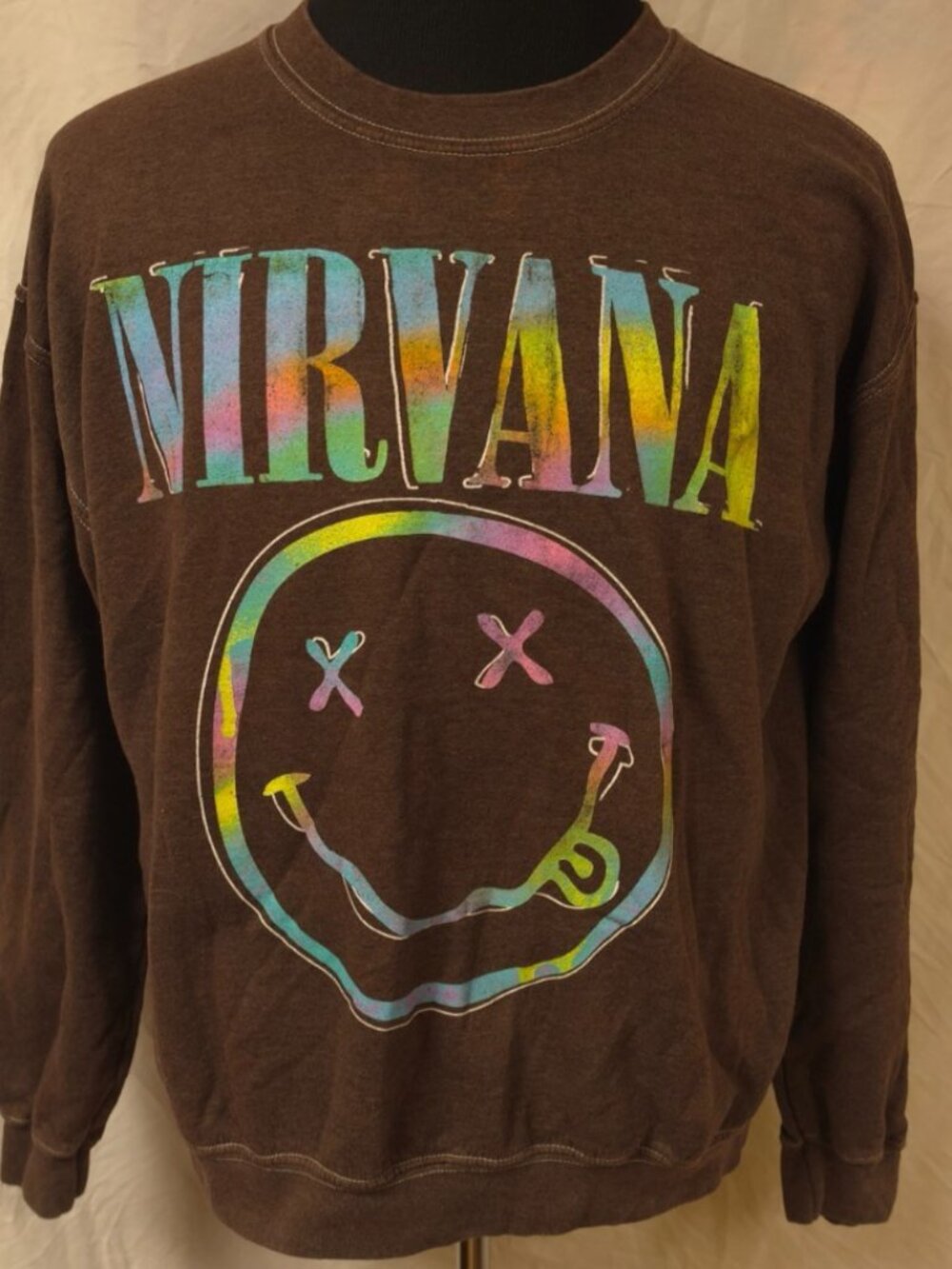 Nirvana Nevermind Smiley Face Crewneck Sweatshirt Womens Medium Oversized Brown